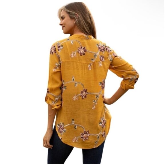 Anthropologie Figuera Flower Gold Floral Embroidered Roll Tab Top Shirt Blouse S - Picture 2 of 10